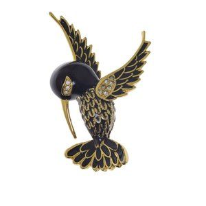 Black Enamel Gold Metal Rhinestone Hummingbird Pin 2 1/4" Marked 11198
